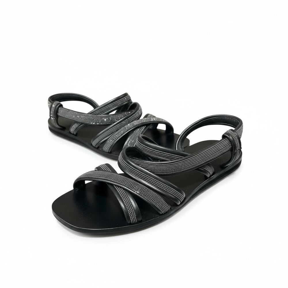 Brunello Cucinelli - Embellished Black Leather sandals Quiet Luxury Old Money